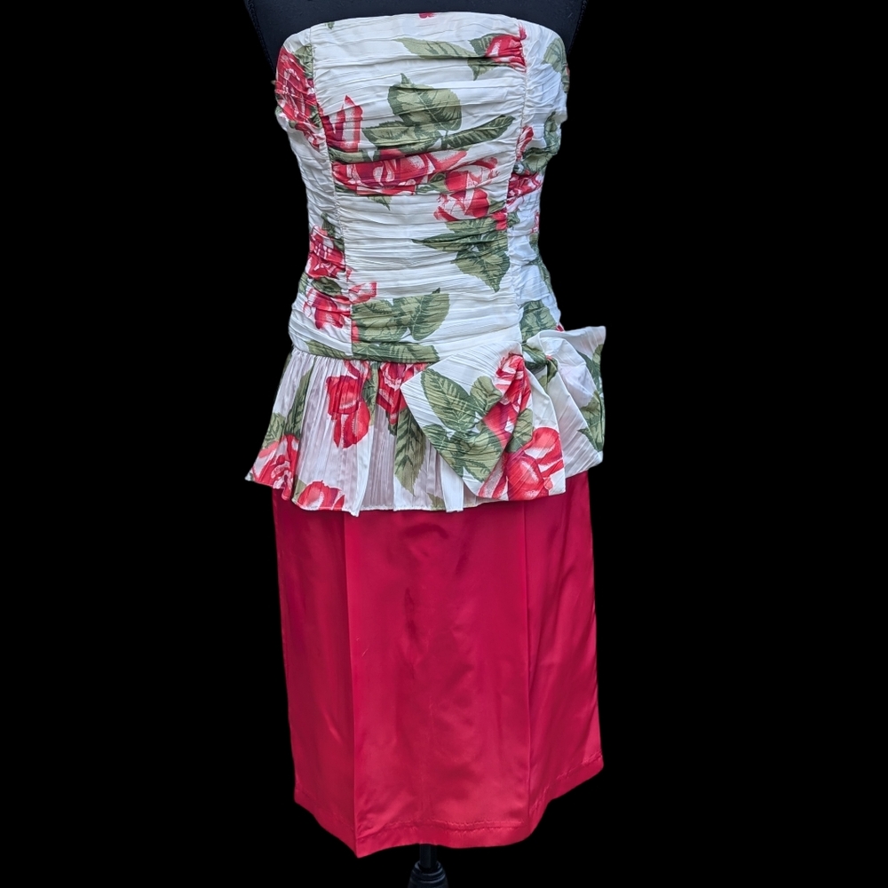 Vintage 90s 80s Party Dress Floral Strapless with Peplum Pink Small Or XS